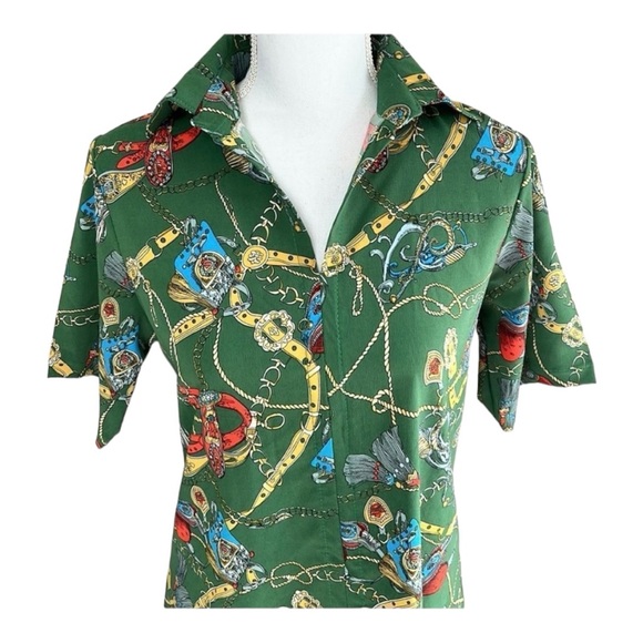 Nina Roco by Angela Rodriguez Green Tassel Print Collared V Neck Top Size Large? - Picture 2 of 5